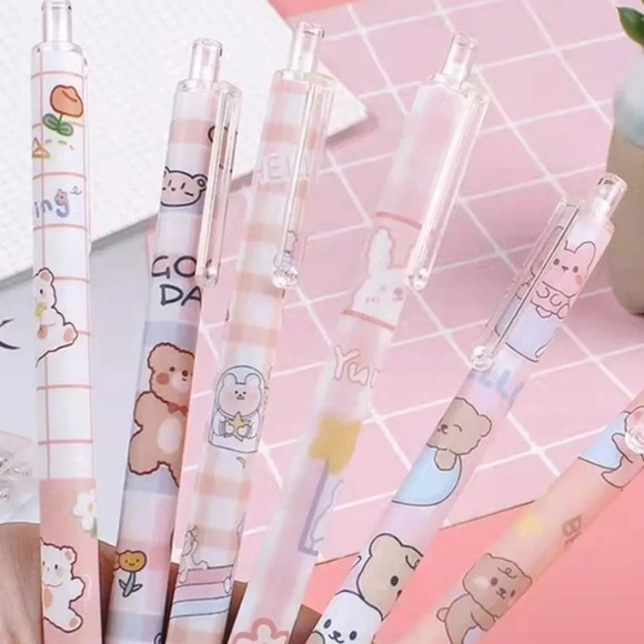 6 pc pink cartoon bear design black ink writing pens students office notes art - Picture 1 of 4